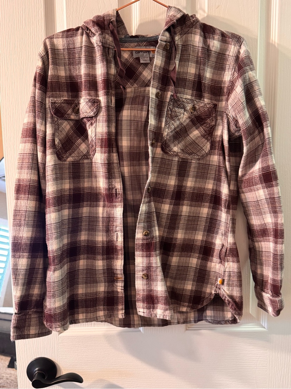 Carhartt Burgundy and Cream Plaid Hooded Button-Down Shirt